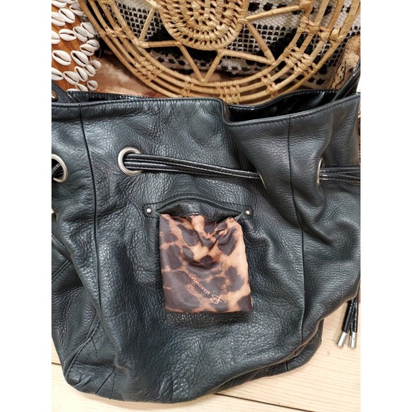B. Makowsky Designer Black Large Soft Leather Shoulder Handbag Purse Drawstring - Picture 7 of 16